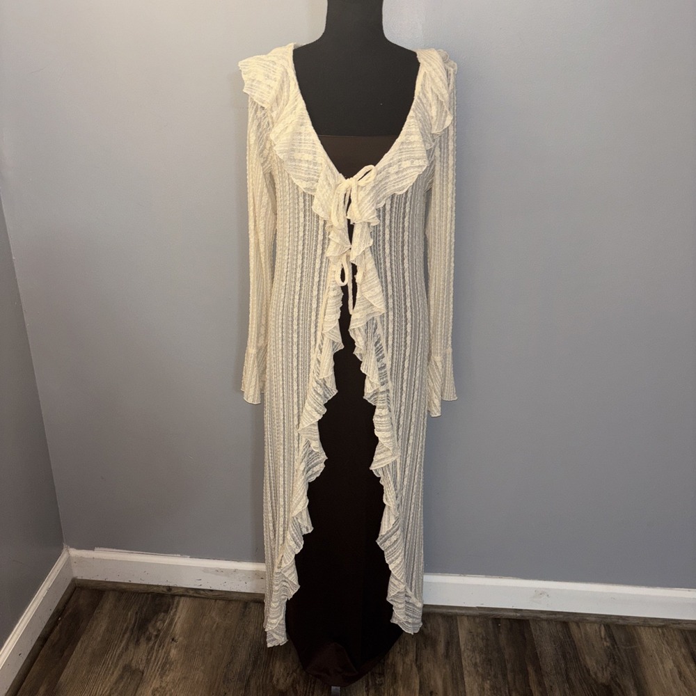 Thirty Thirty 2Pc Brown Maxi Slip Dress With Cream Boho Sheer Lace Duster Size M